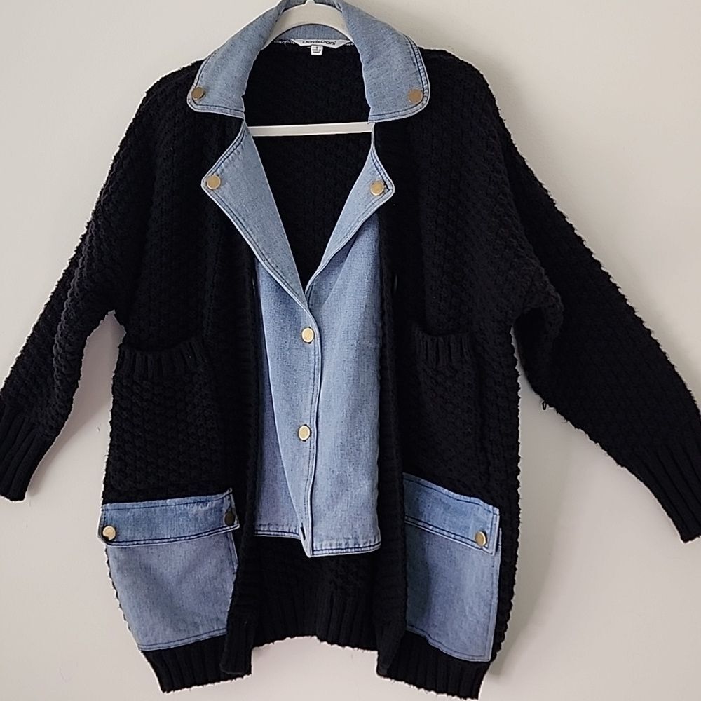 Davi & Dani Denim Collar Black Chuncky Knit  Button Front Cardigan Oversized S - Picture 13 of 14